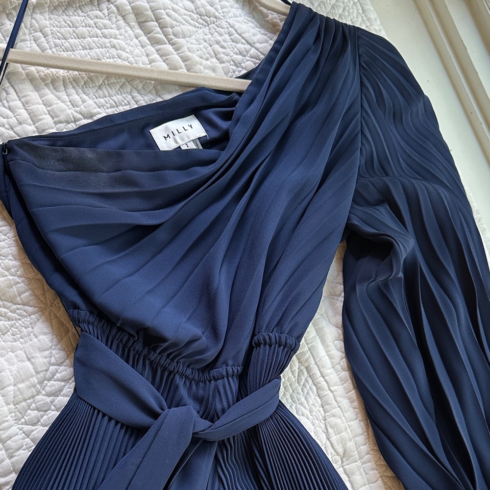 Milly One Shoulder Navy Dress with Pleats
